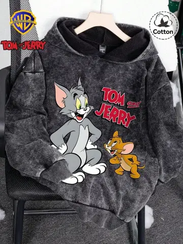 우먼 윈터 톰과 제리 패턴 후드 부착 스웨트 셔츠