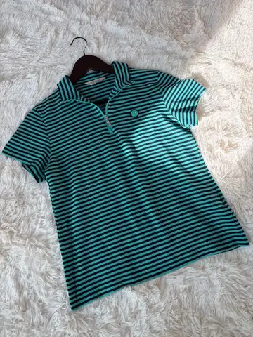 adabat 여성용 반팔 피케 셔츠 그린 보더