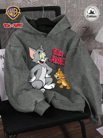 우먼 윈터 톰과 제리 패턴 후드 부착 스웨트 셔츠