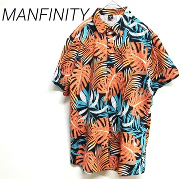 MANFINITY 트로피컬 패턴 하와이안 셔츠 M 리조트 앞면 버튼