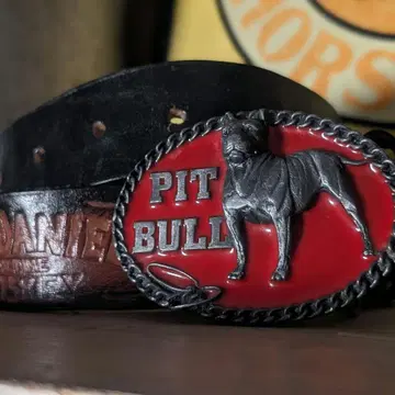 90s 잉글랜드제 잭 다니엘 핏불 메탈 버클 가죽 벨트