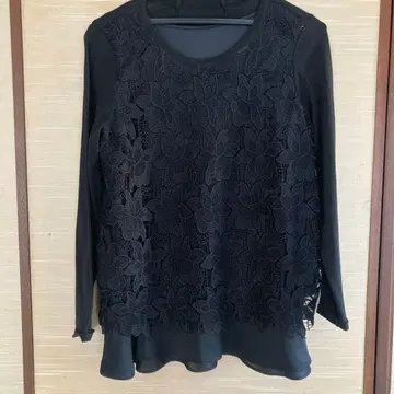 HIROKO BIS 꽃무늬 레이스 긴팔 상의 프릴 이너 포함 블랙