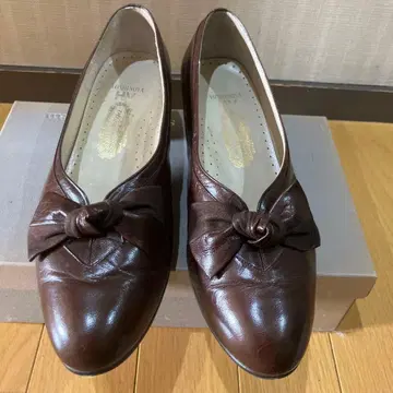 여성용 24.5cm 브라운 가죽 리본 포함 로우힐 긴자 요시노야