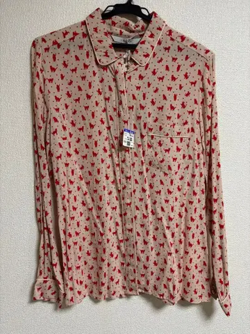 iBLUES 베이지 빨간색 고양이 패턴 긴팔 셔츠