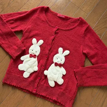 PINK HOUSE 트윈 토끼 모티브 빨간색 니트 가디건