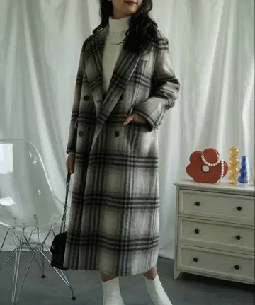 한국 체크 무늬 더블 브레스트 롱 코트