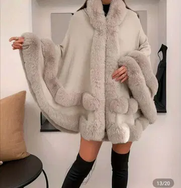 후드 부착 인조 모피 판초 케이프 코트