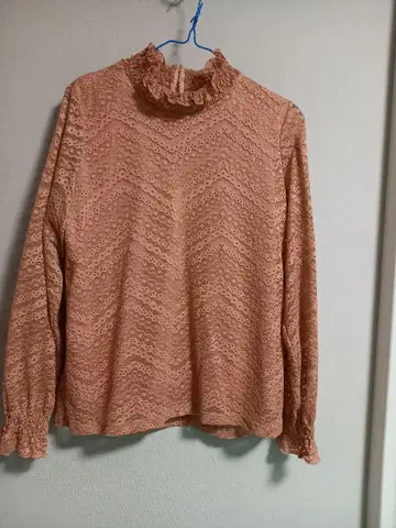 레이스 프릴 옷깃 긴팔 상의 핑크