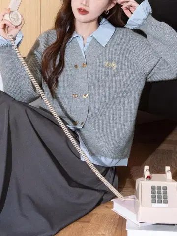 우븐 패치워크 턴다운 칼라 더블 브레스트 스웨터 가디건