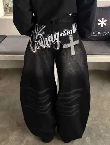 자수 데님 KAKISS Y2K 와이드 데님 와이드 레그