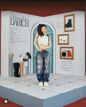 Darich 블록 체크 와이드 데님 팬츠