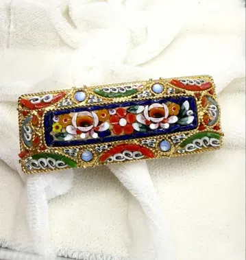 이탈리아제 마이크로 모자이크 스퀘어 브로치 골드 컬러 액세서리