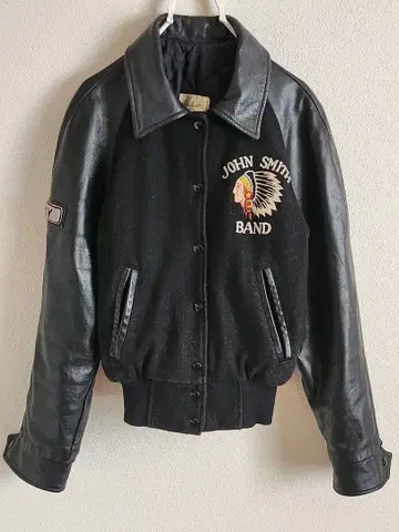 80s 네프 울 가죽 바시티 자켓 블랙 흑 인디언 자수 빈티지 구제 의류