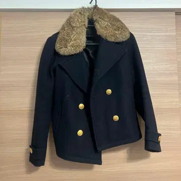 울 더블 브레스트 피 코트 네이비