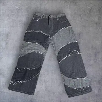 그레이 계열 패치워크 데님 와이드 팬츠