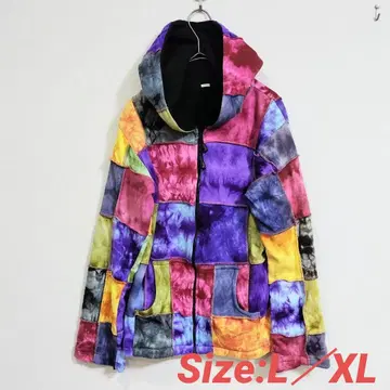 타이다이 염색 패치워크 후드티 속기모 사이즈 L/XL 네팔제