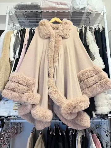 핑크 플리스 퍼 판초