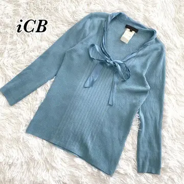 아이시비/코튼 혼방 리브 니트/리본/블루/S 사이즈/깔끔한