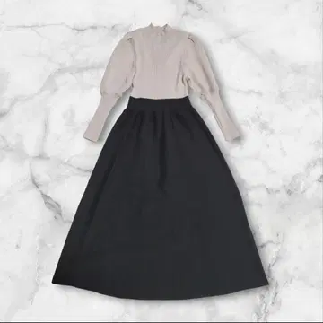 바니스뉴욕 워셔블 퍼프 슬리브 리브 롱 원피스