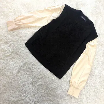 아즈노아즈 [ F ] 니트 절개 상의 이소재 긴팔 블랙