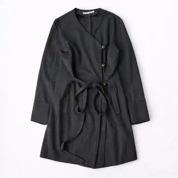 아름다운 실루엣 차콜 그레이 랩 코트 허리 리본 깔끔한