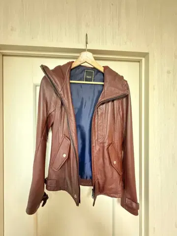 HALB 후드 부착 브라운 가죽 라이더 자켓