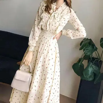 쉬폰 원피스 플레어 원피스 롱 원피스 긴팔 리조트 원피스