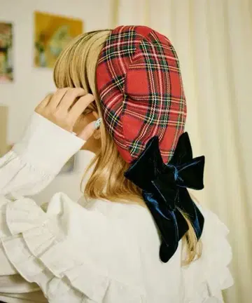 [쿠티르와 레트로] 벨로아 리본 체크 베레모 kutir