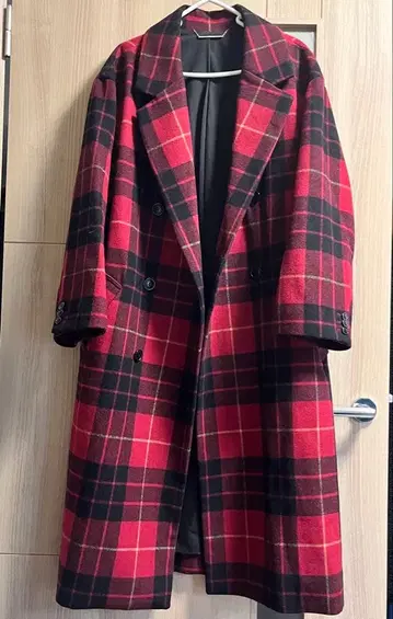 미러 오웬 체크 무늬 더블 롱 코트