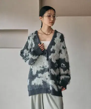 렙심 5G 패턴 샤기 V 가디건 그레이