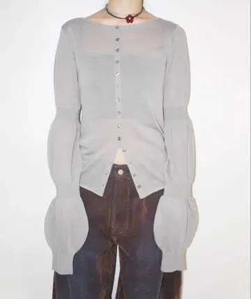 musubore 퍼프 슬리브 시어 가디건 그레이