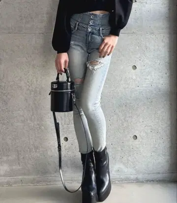 GYDA 하이웨스트 백 크로스 데미지 스키니 데님 팬츠