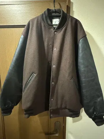 빈티지 바시티 자켓 천연 가죽 블랙/브라운