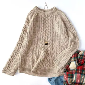 새상품급 띠어리 울 캐시미어 케이블 니트 풀오버 크루넥 베이지