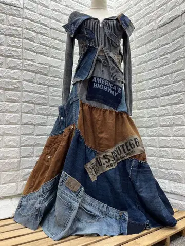 리메이크 데님 이소재 니트 셋업