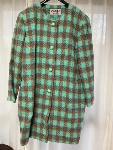 알파카 롱 코트 민트 그린 체크