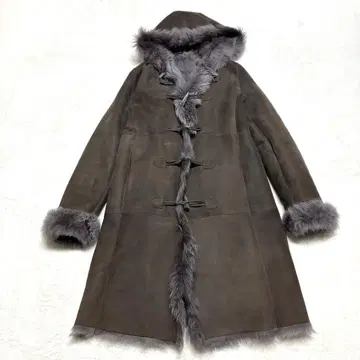 리얼 무스탕 더플 코트 A라인 후드 토글 포함 브라운