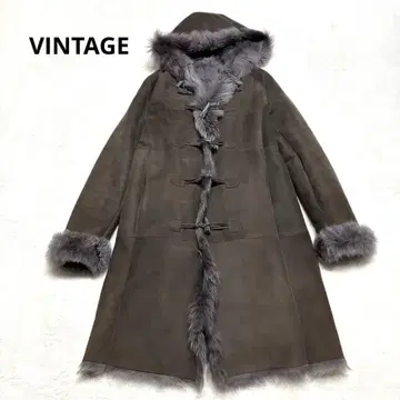 리얼 무스탕 더플 코트 A라인 후드 토글 포함 브라운