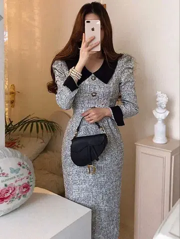 [미사용 새상품] 트위드 긴팔 셔츠 원피스