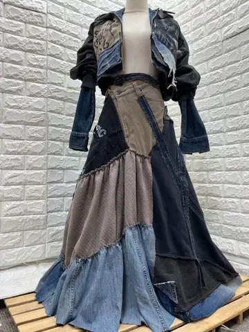 리메이크 데님 후드티 도킹 셋업 롱 스커트