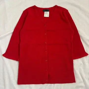 메리노울 혼방 코튼 소매 프린지 5부 소매 일본제 레드 가디건 S