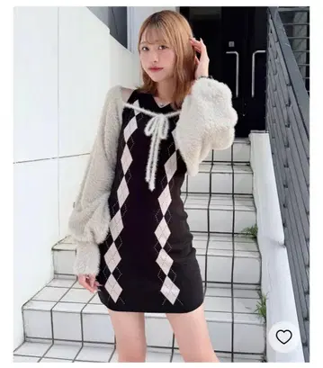 NOMAE 노마에 아가일 니트 원피스 x 볼레로 세트