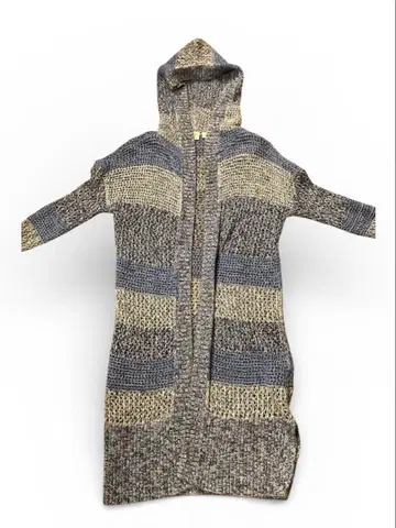 후드 부착 그레이 파랑 스트라이프 롱 가디건