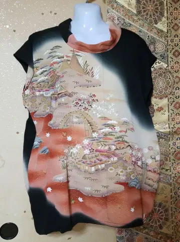 기모노 리메이크 블랙 전통 예복 기모노 풍경화 튜닉