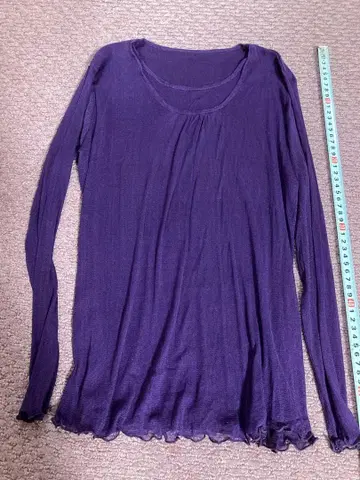 실크 100% 보라색 긴팔 T셔츠 프릴 밑단