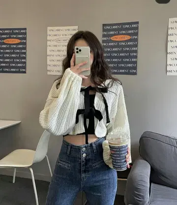 chuu 크롭 기장 리본 니트 가디건