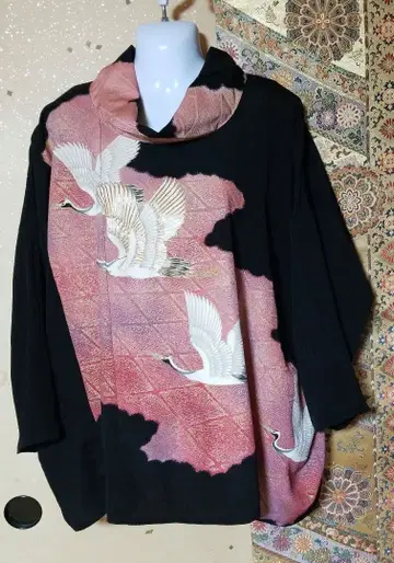 기모노 리메이크 블랙 전통 예복 기모노 럭셔리 학 춤추는 튜닉