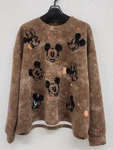 새상품 미사용 미키마우스 반짝이는 브라운 맨투맨 트레이닝복 데미지풍