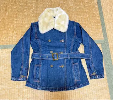 데님 블루 더블 브레스트 자켓 퍼 카라 부착