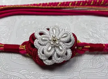 b-196 순수 실크 허리띠 후리소데 성인식 빨흰 장식 매듭 꽃